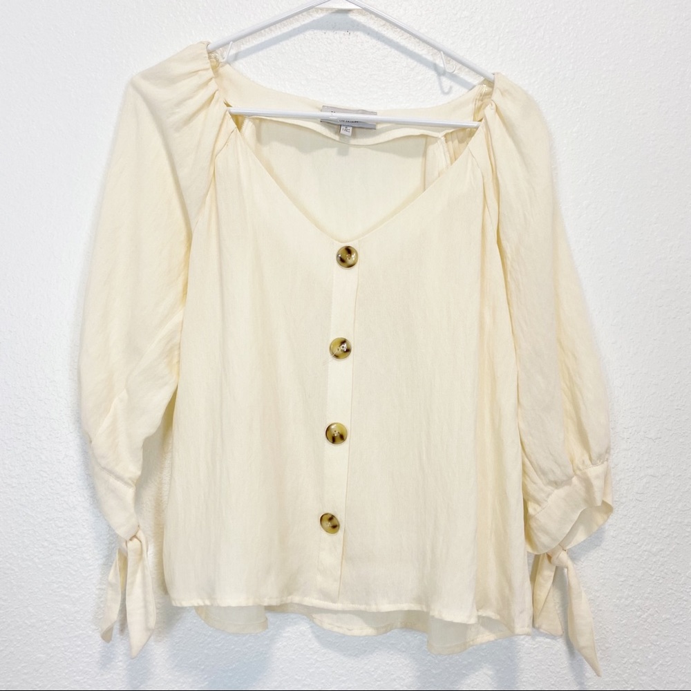Hayden Los Angeles Button Up Cream Blouse 3/4 Raglan Sleeves With Ties S